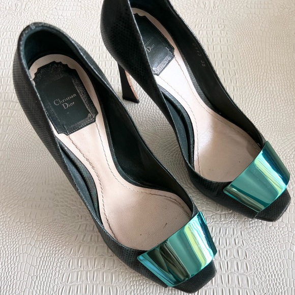 Christian DIOR Green Lizard Peep Toe Platform Heels Pumps - Picture 2 of 11